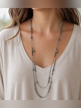 BOGO Chico's Long Layered Hematite Bead Necklace - Dark Gray